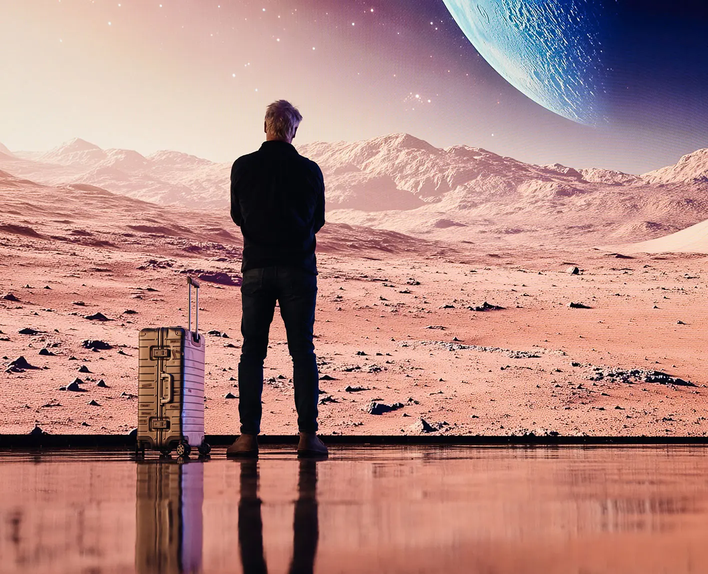 Man with suitcase in front of LED screen showing Mars landscape