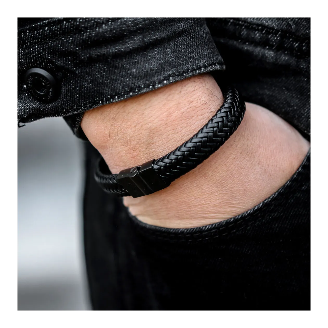 Rebel & Rose Full Metal Herringbone Bracciale in pelle, M, nero/nero