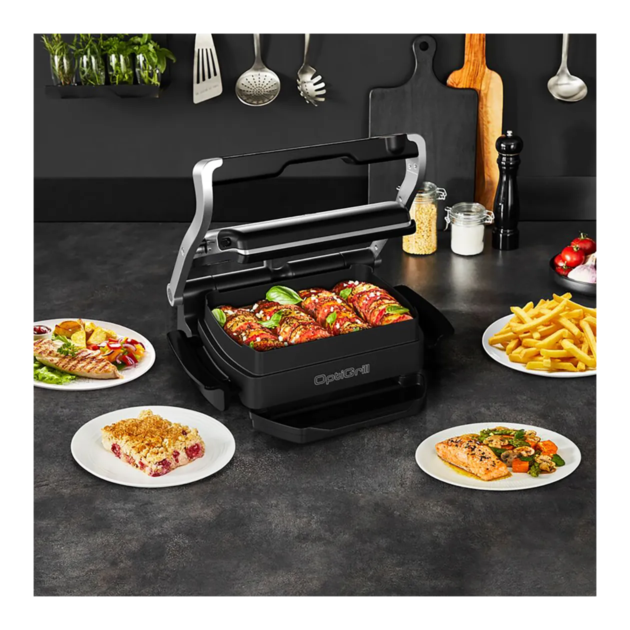 Tefal OptiGrill+ Snacking & Baking GC714D10 Gril de contact, argenté/noir