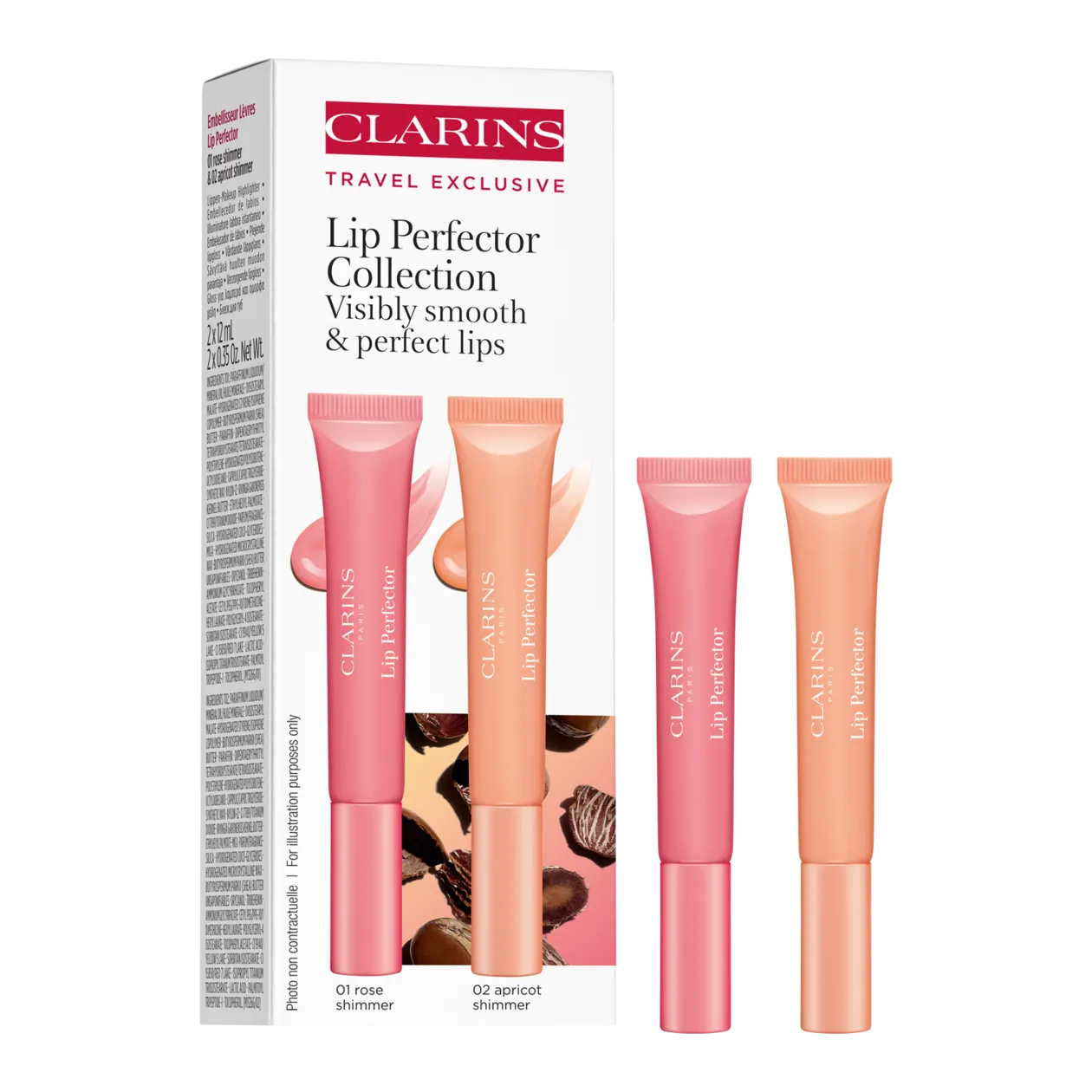 Clarins Natural Lip Perfector Lip Gloss Set, 2 x 12 ml, Rose Shimmer / Apricot Shimmer