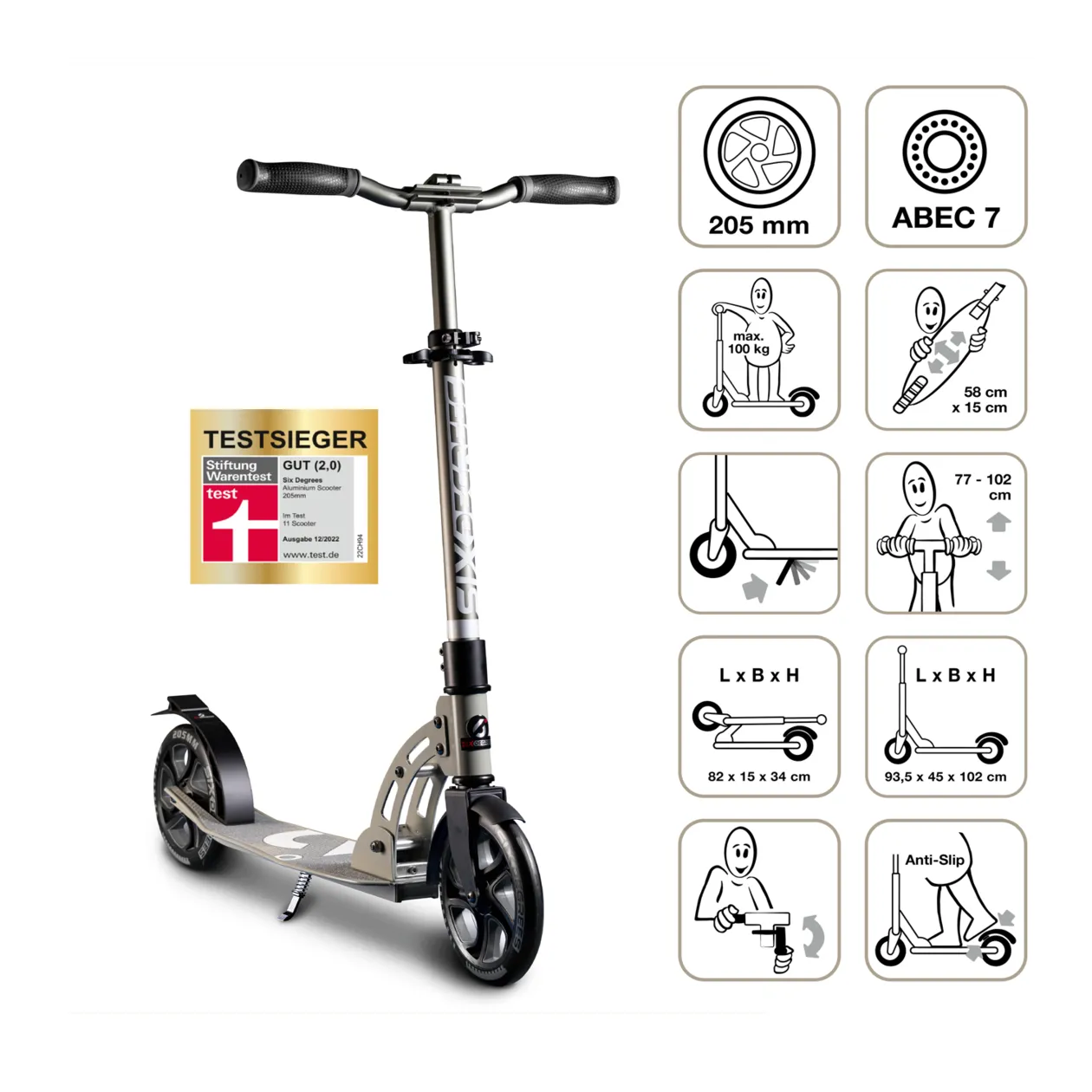 Six Degrees Scooter Monopattino per bambini, 205 mm, grigio