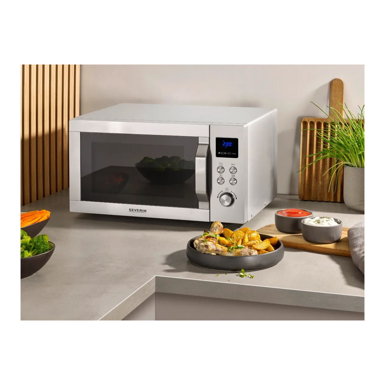 Severin CrispyWave Microwave with Grill and Air Fryer Function, Silver