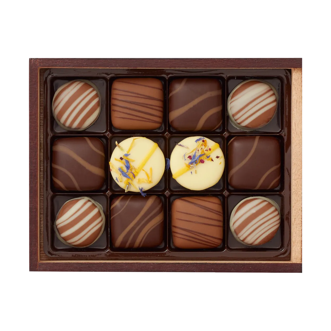 DreiMeister Coffret en bois avec couvercle coulissant assortiment de chocolats, petit modèle