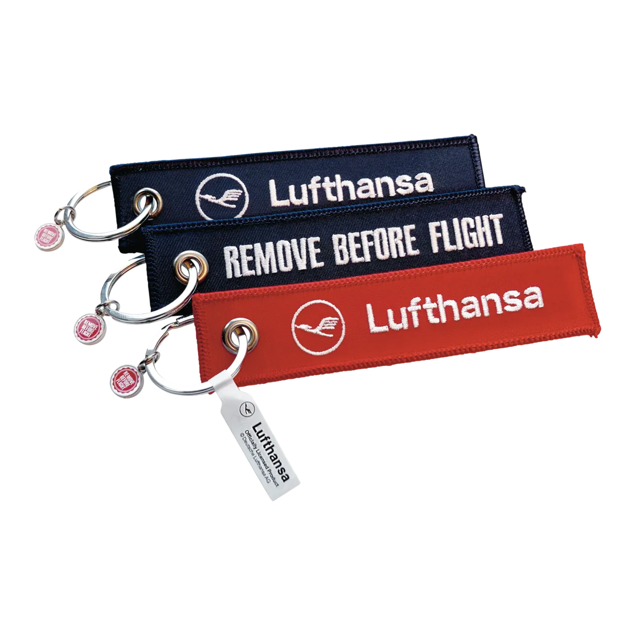 Lufthansa "Remove Before Flight", Portachiavi, set da 3, blu/rosso