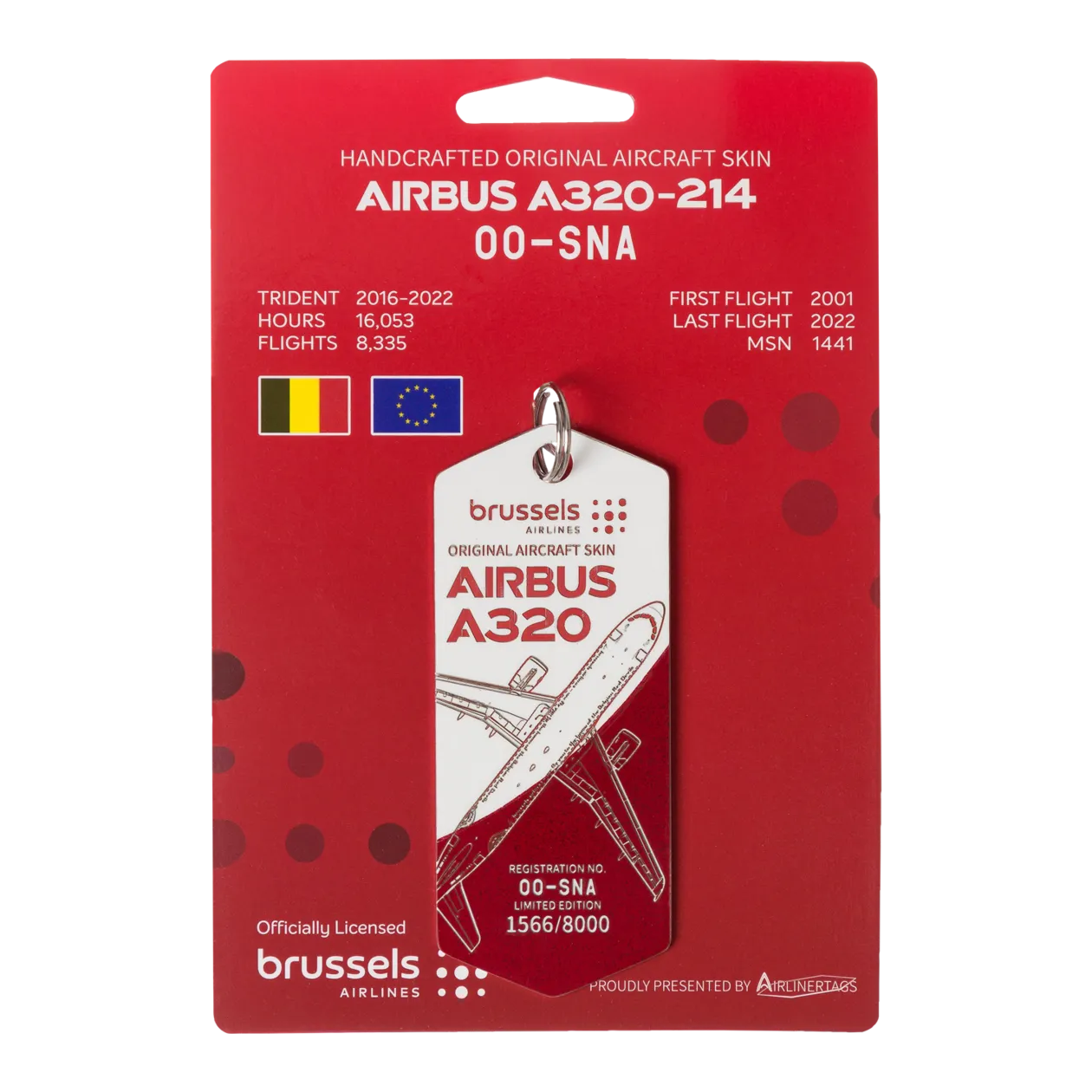 Brussels Airlines Upcycling Collection Airbus A320 00-SNA Aviationtag Portachiavi, esagono allungato, nero/rosso